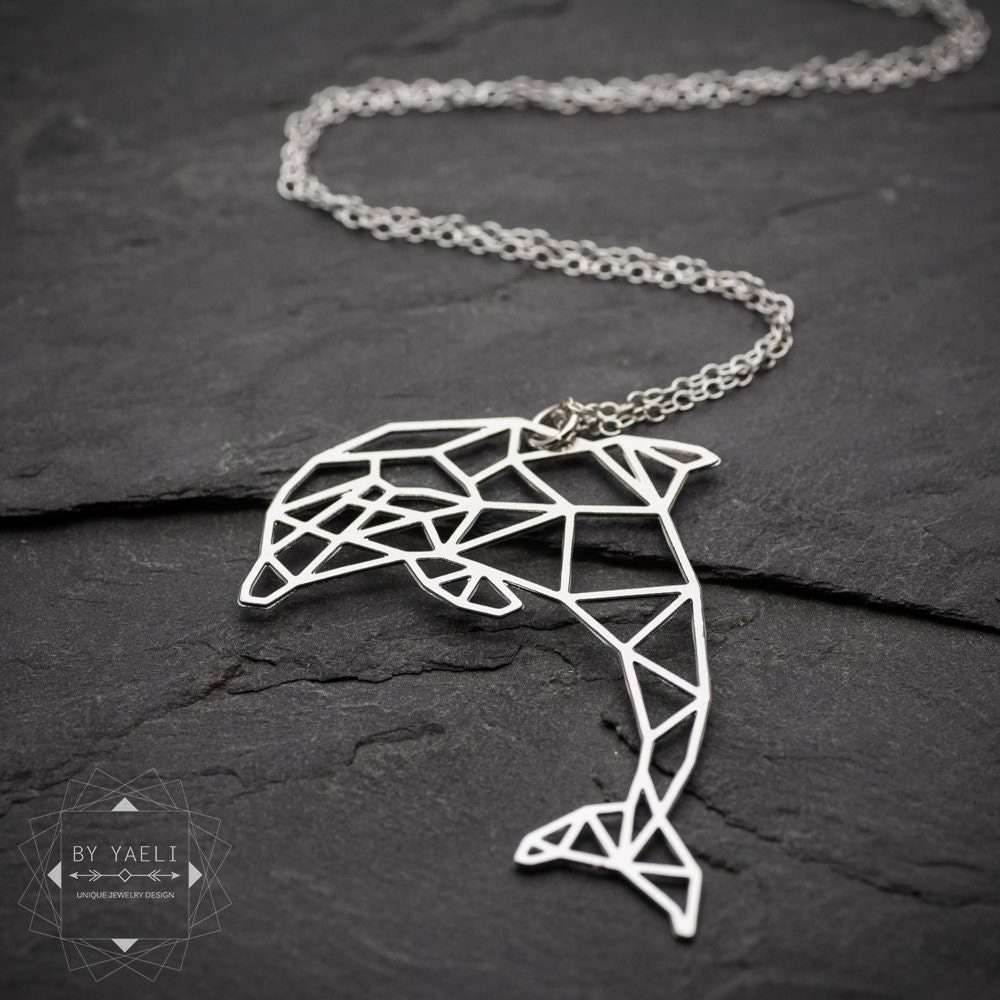 Dolphin necklace origami silver dolphin pendant geometric necklace ocean necklace