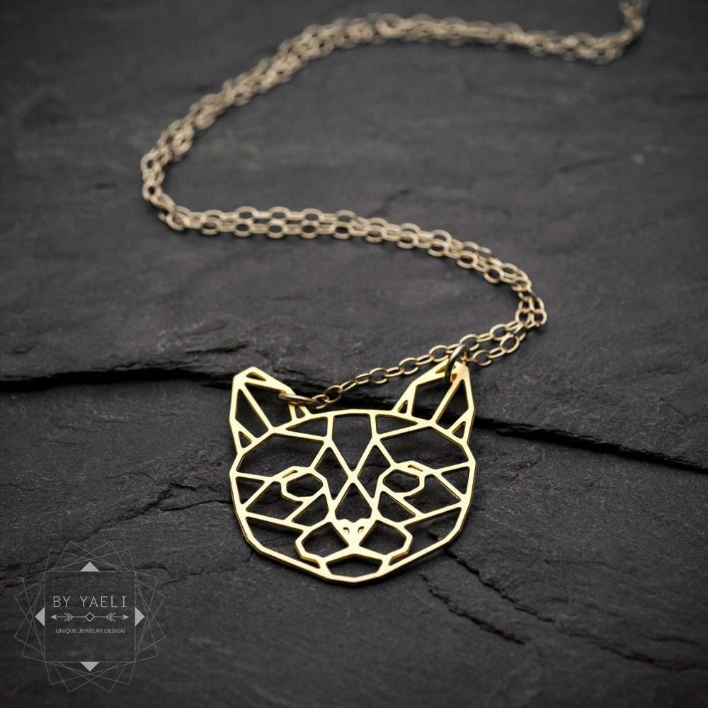 Cat necklace gold cat jewelry geometric origami cat pendant necklace cat lover gift for here