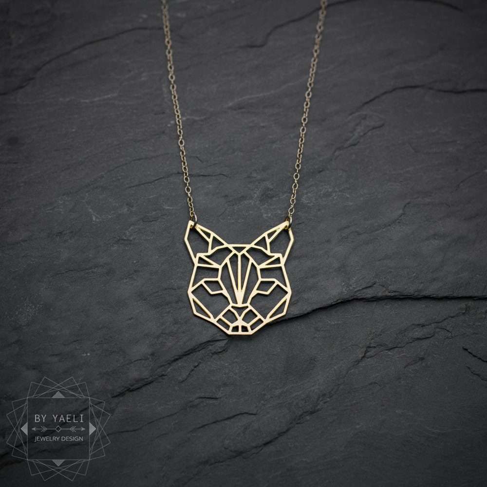 Cat necklace gold origami cat pendant cat jewelry animal necklace 3 origami cat head necklace gold jewelry animal necklace