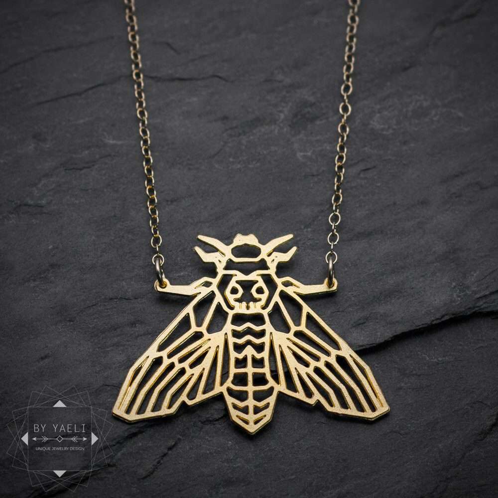 Moth necklace death’s head moth jewelry gold butterfly necklace geometric origami moth
