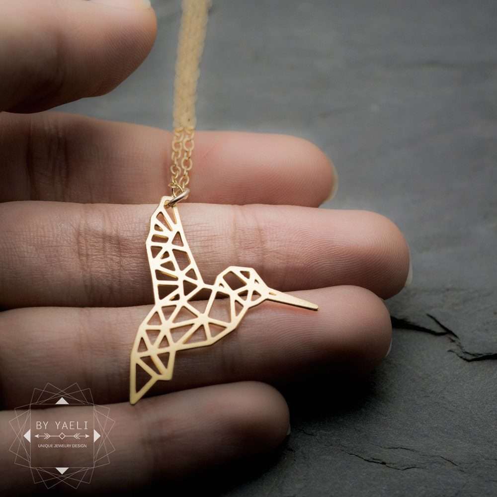 Bird necklace geometric gold hummingbird necklace bird jewelry origami pendant 3 geometric bird necklace origami hummingbird