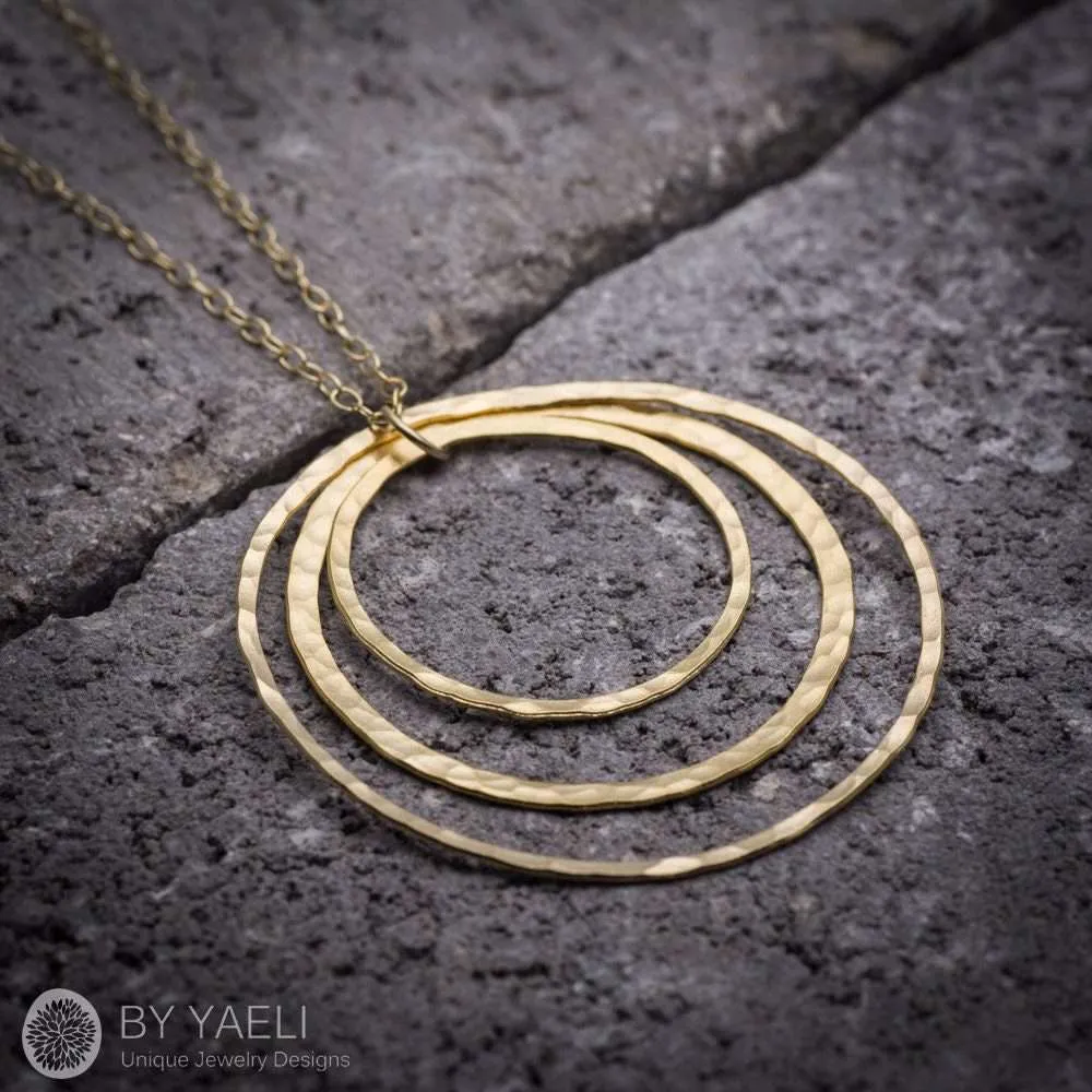 Circles necklace geometric necklace triple gold circles long necklace gift for her