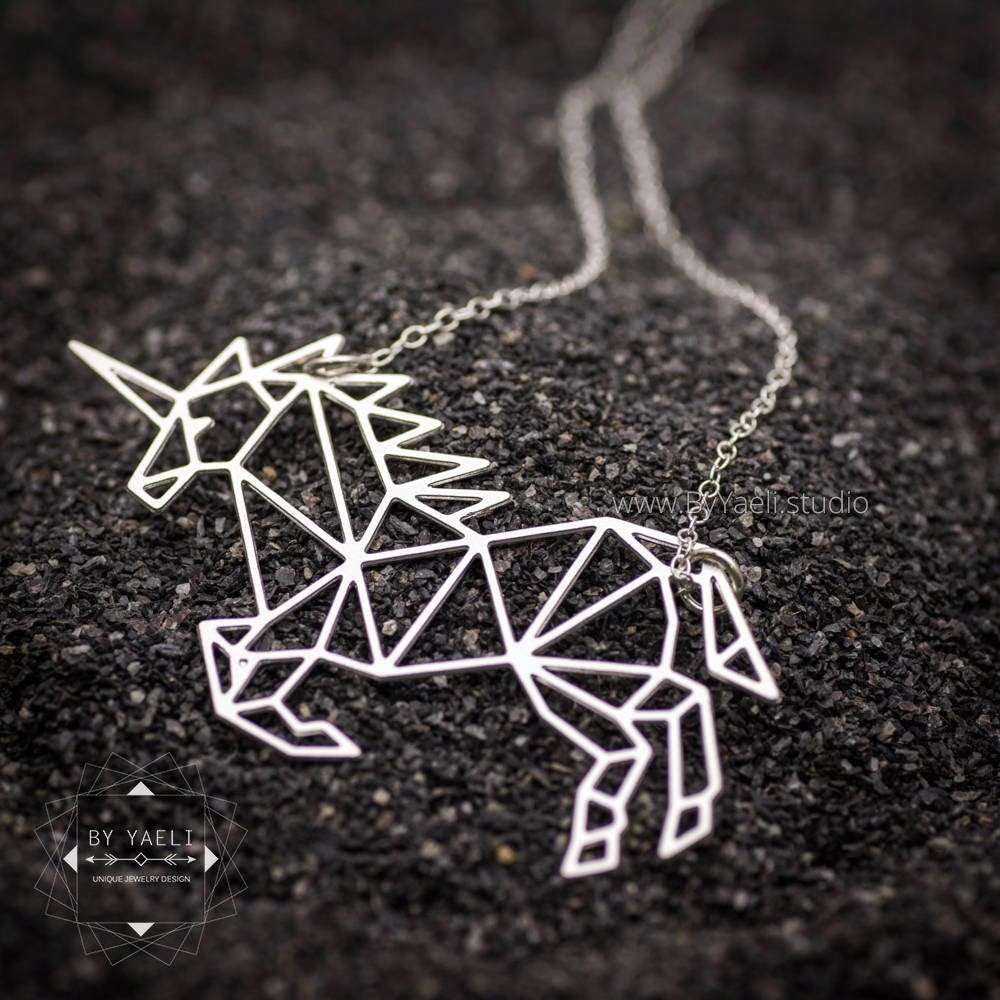 Unicorn necklace, silver unicorn pendant unicorn origami