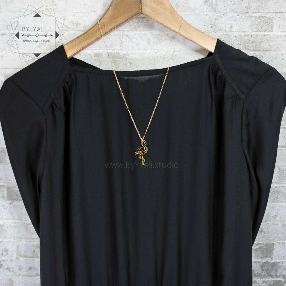 Gold flamingo necklace, flamingo charm geometric tropical jewelry