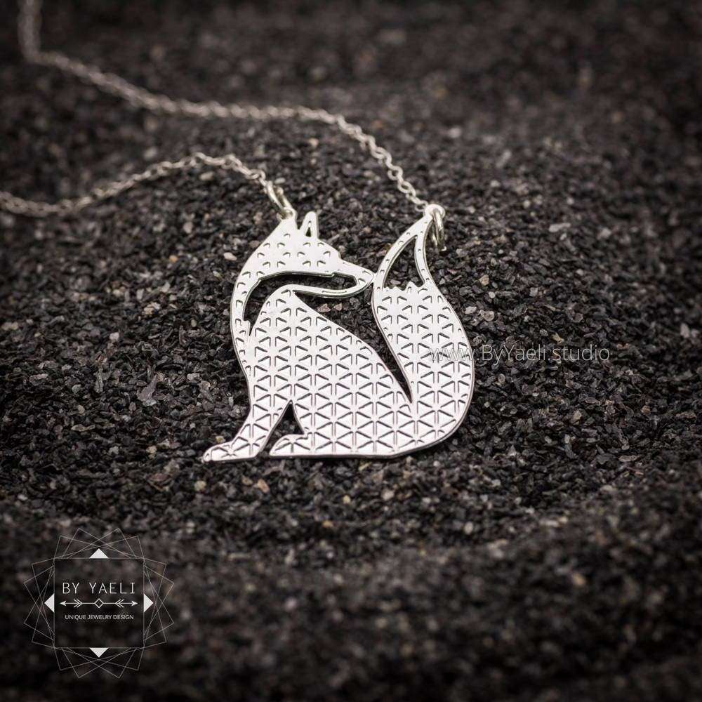 Fox pendant, Geometric silver fox necklace, animal lovers gift.