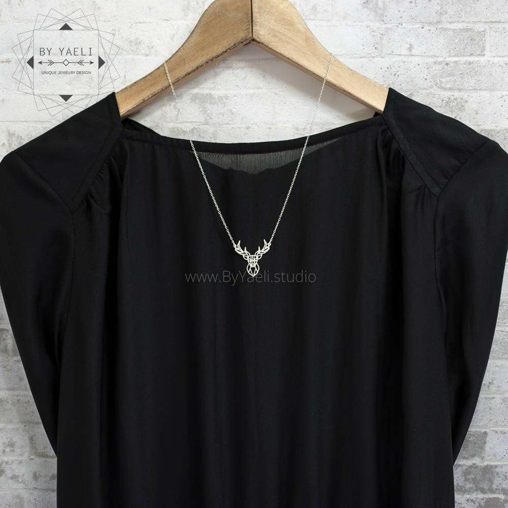 Deer necklace geometric origami deer jewelry silver deer pendant