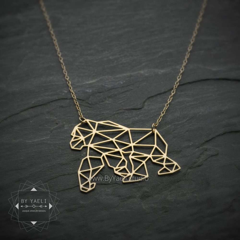 Gorilla necklace gold origami gorilla necklace geometric nature jewelry