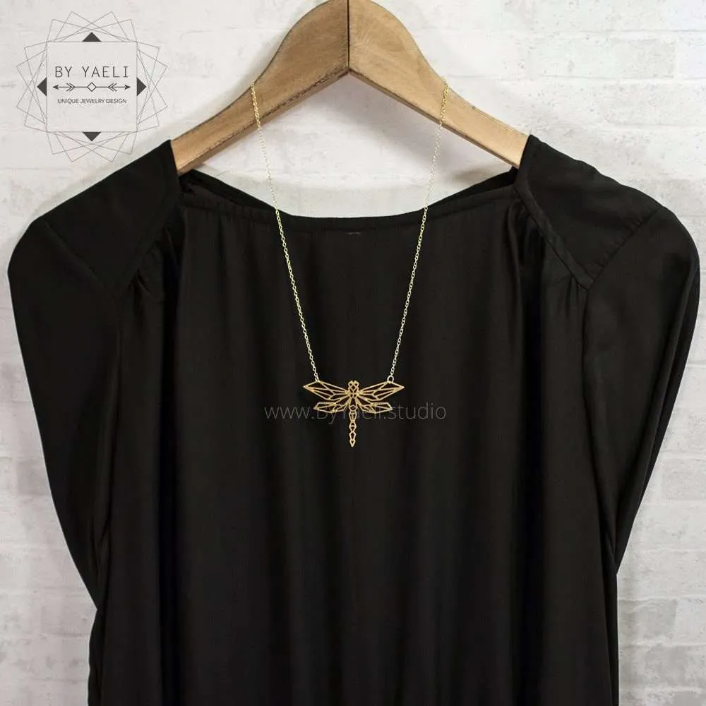 Dragonfly necklace gold dragonfly pendant geometric origami necklace