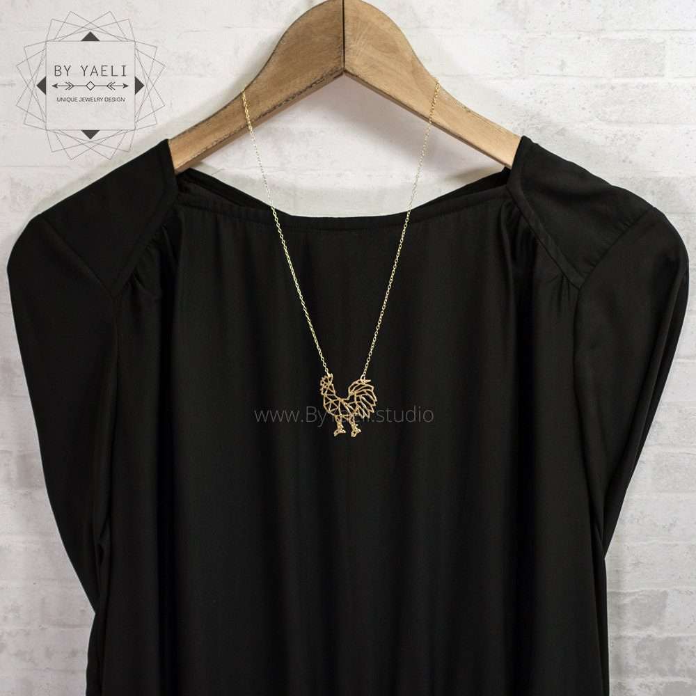 Rooster necklace gold geometric origami rooster pendant farmer gifts