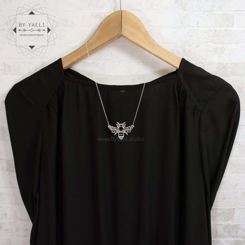 Bee necklace honey bee jewelry silver bee pendant insect jewelry Christmas gift