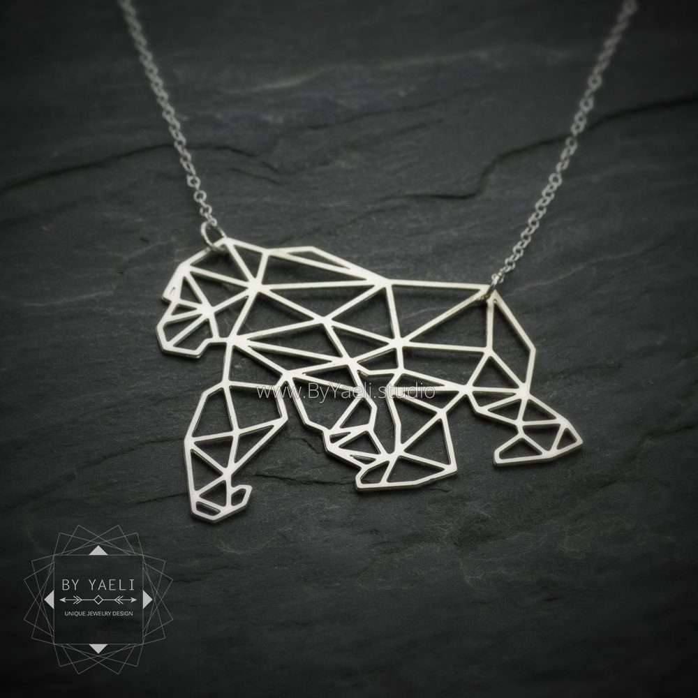 Gorilla necklace silver origami gorilla pendant geometric necklace