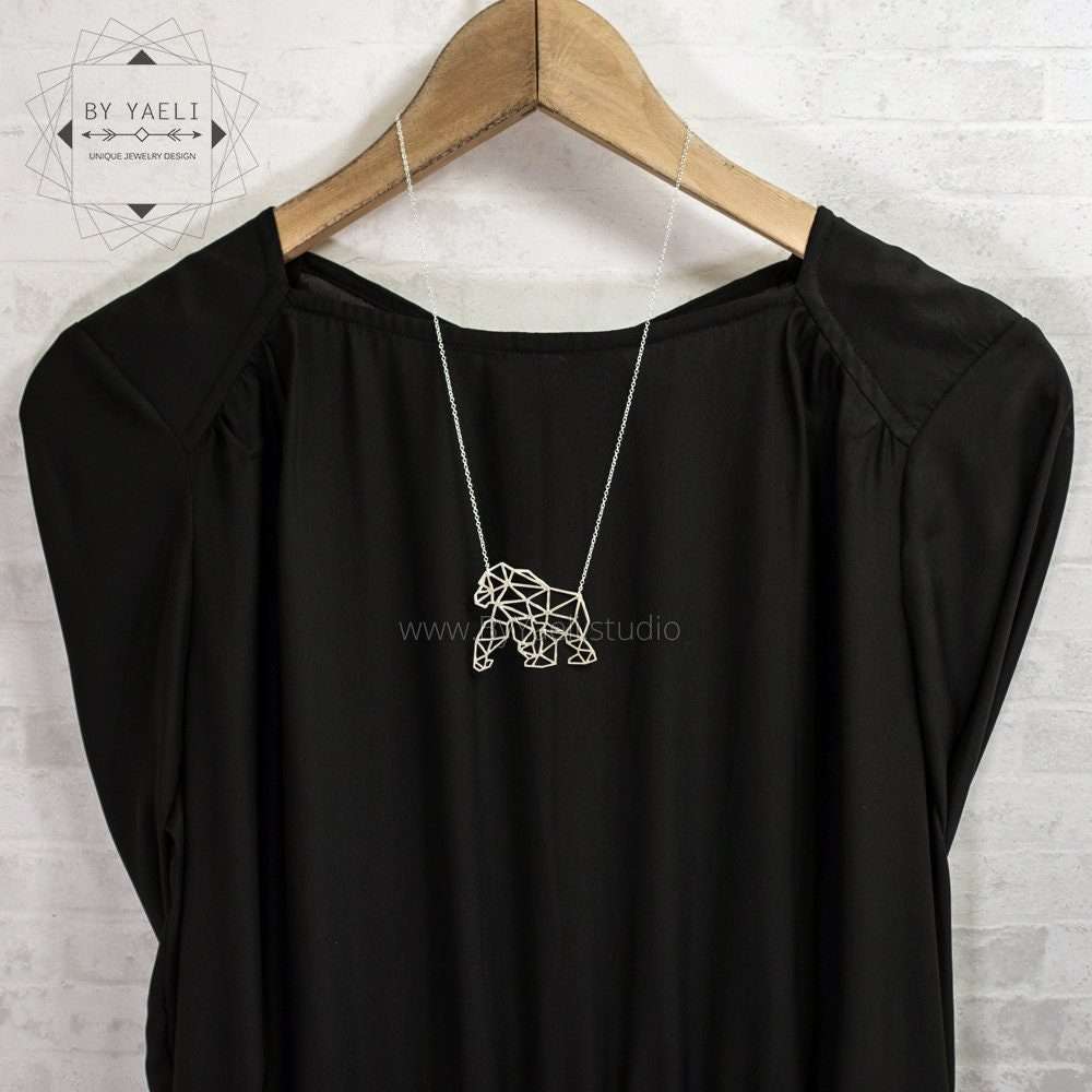 Gorilla necklace silver origami gorilla pendant geometric necklace