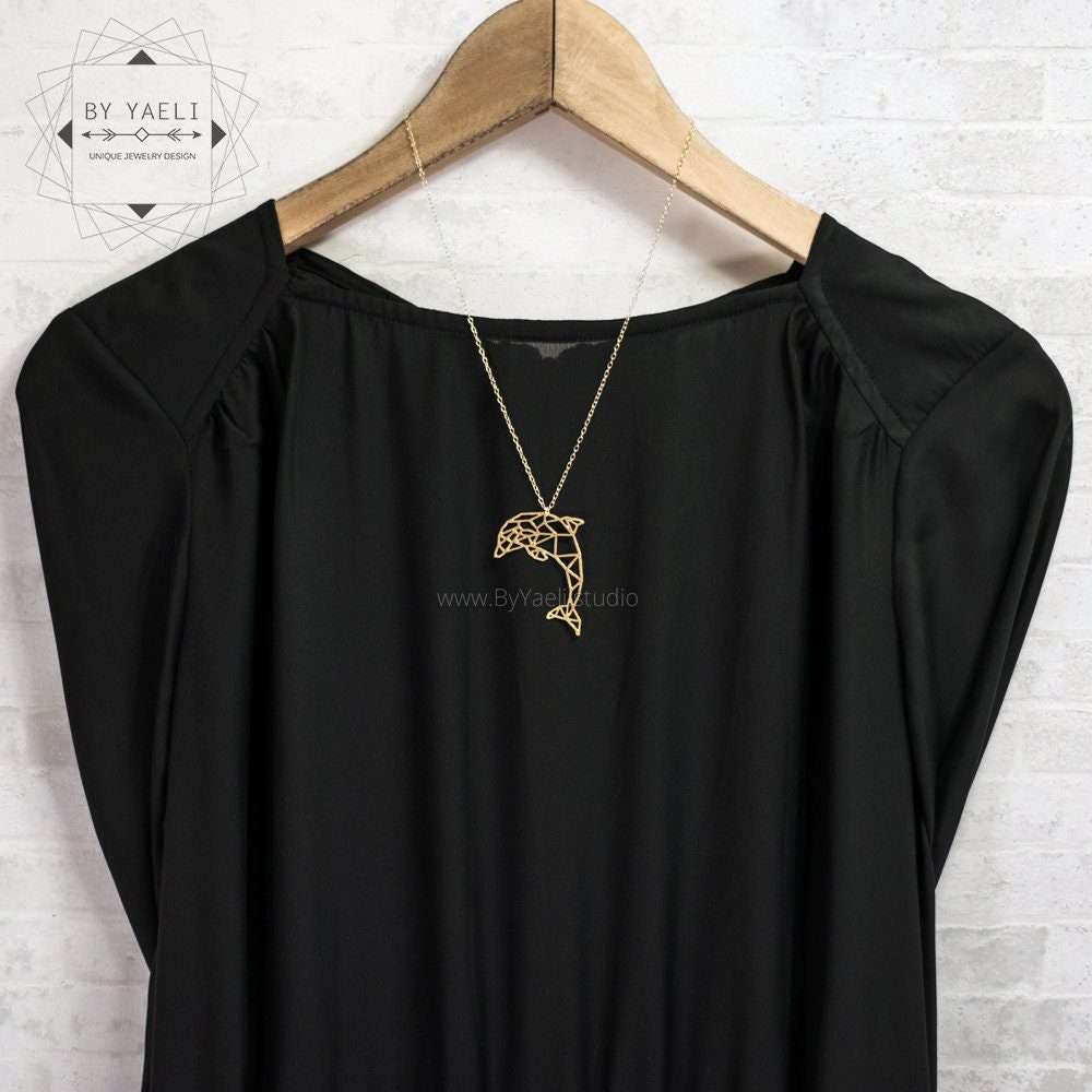 Dolphin necklace origami dolphin pendant gold geometric necklace ocean necklace