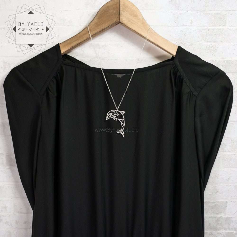 Dolphin necklace origami silver dolphin pendant geometric necklace ocean necklace