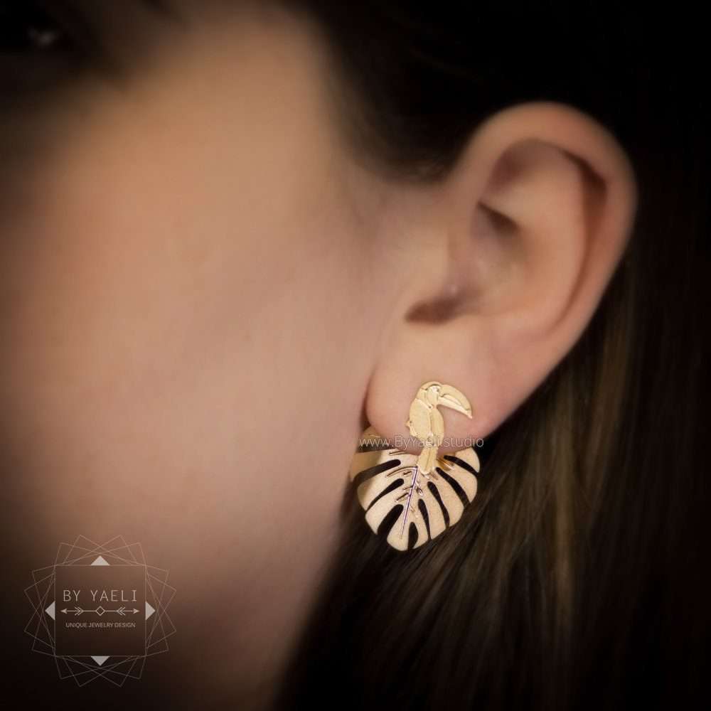 Ear jacket earrings gold bird earrings leaf earrings leaf stud earrings Monstera earrings