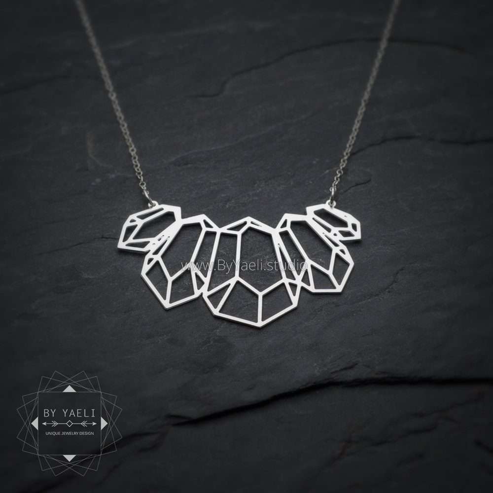 Geometric statement necklace, silver long woman necklace