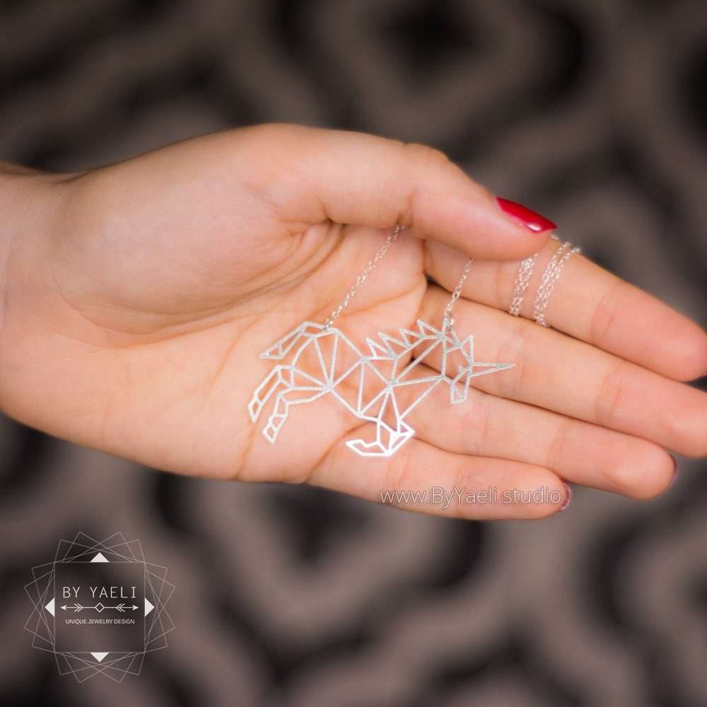Unicorn necklace, silver unicorn pendant unicorn origami