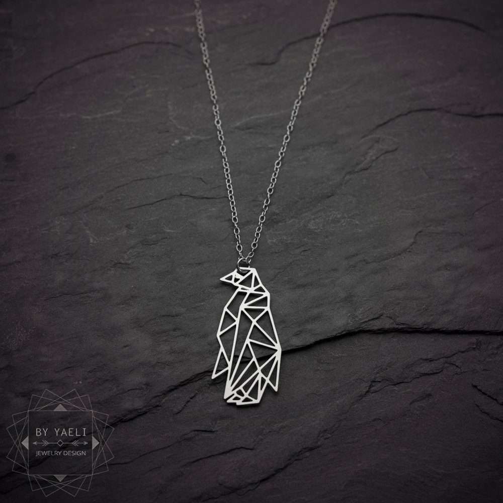 Penguin necklace,  silver geometric origami penguin pendant.