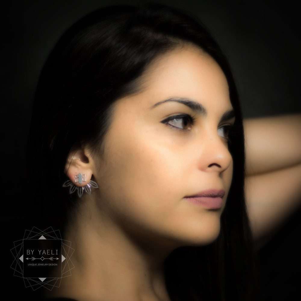 Leaf ear jacket earrings flower earrings botanical silver stud earrings