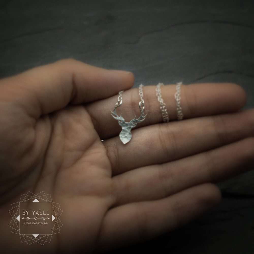 Deer necklace tiny deer antler necklace silver deer charm
