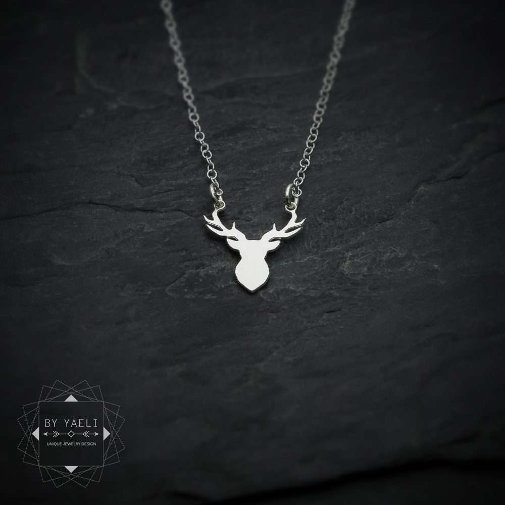 Deer necklace tiny deer antler necklace silver deer charm