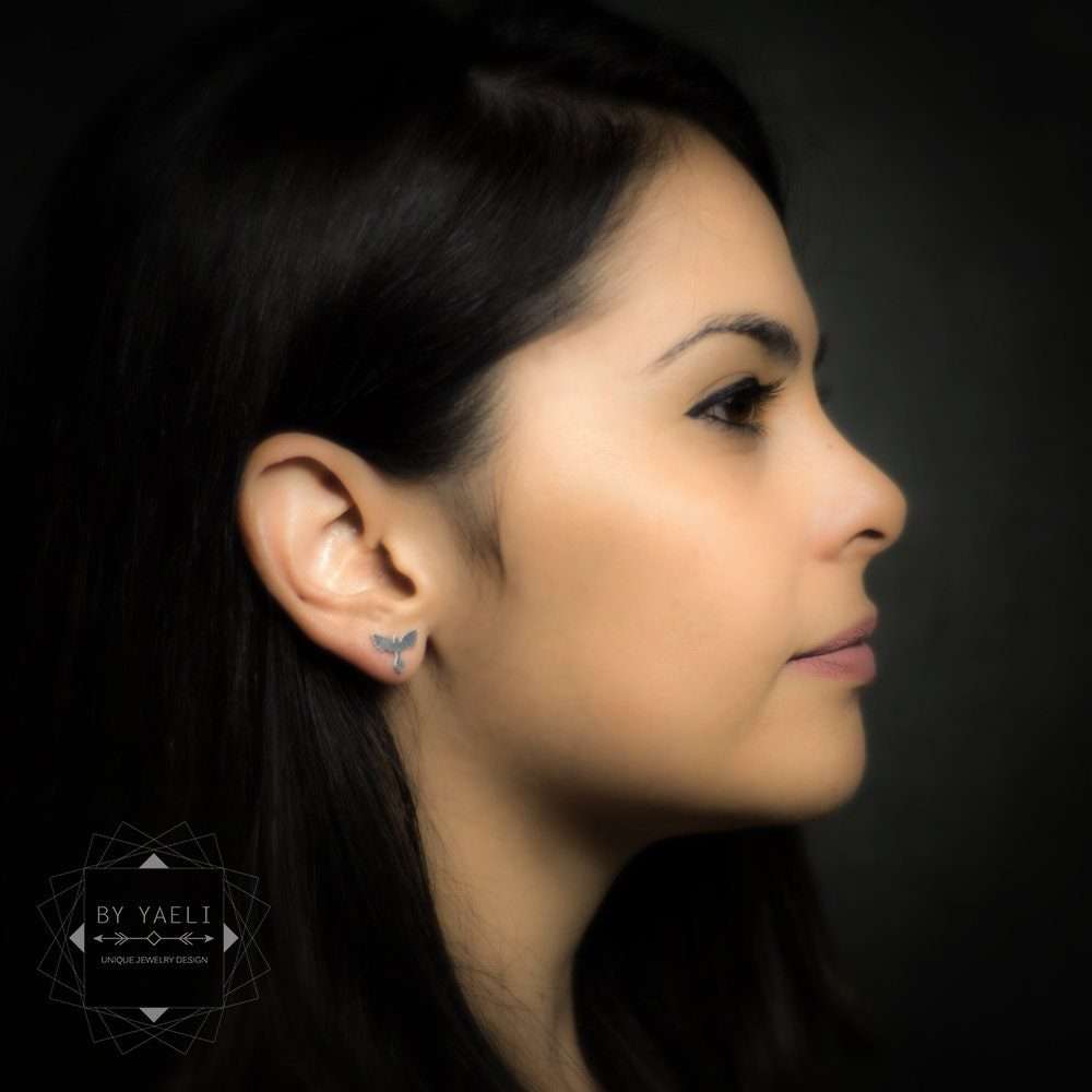 Phoenix earrings tiny phoenix stud earrings silver phoenix post earrings bird earrings