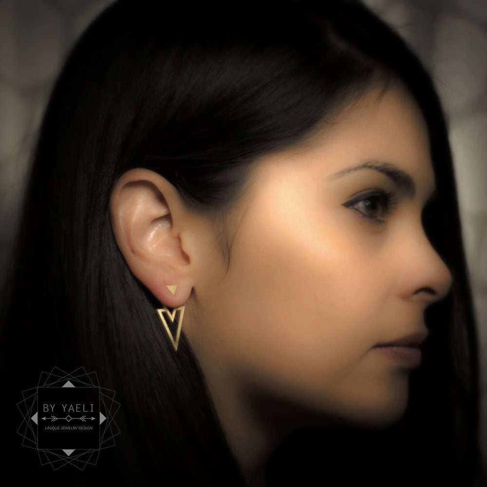 Triangle ear jacket, geometric gold triangle stud earrings.