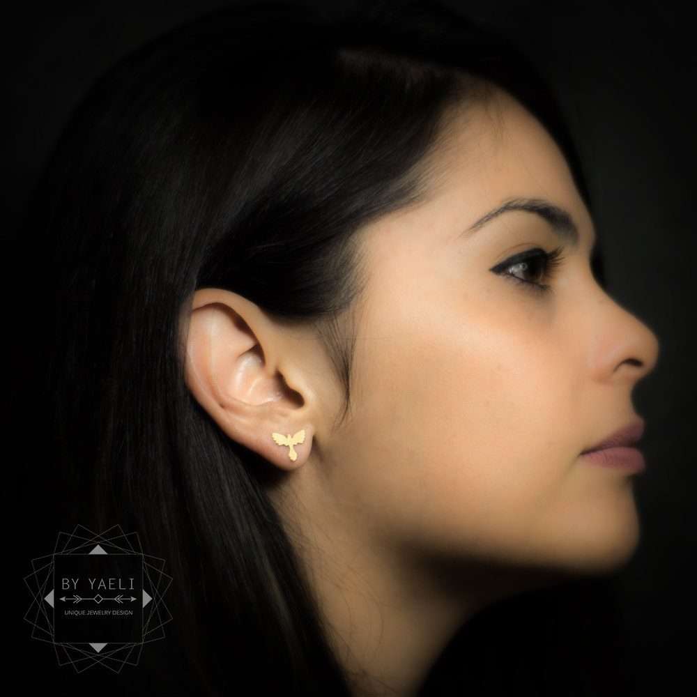 Phoenix earrings tiny phoenix stud earrings gold phoenix post bird earrings