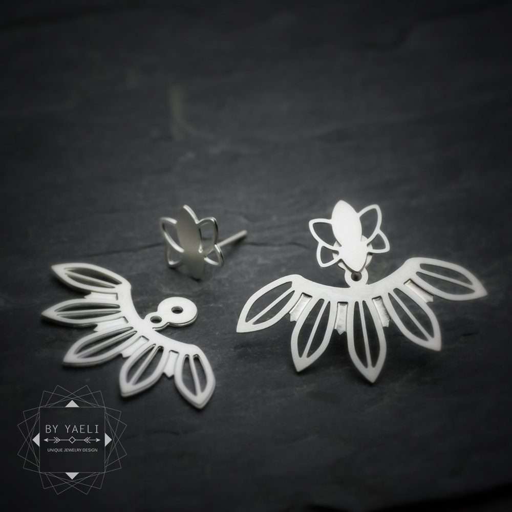 Leaf ear jacket earrings flower earrings botanical silver stud earrings