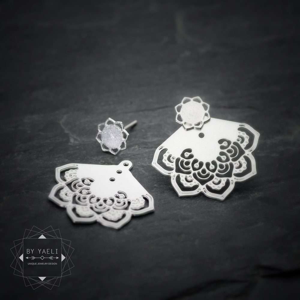 Flower bohemian ear jacket, silver flower earrings, ethnic mandala earrings, floral mandala earrings