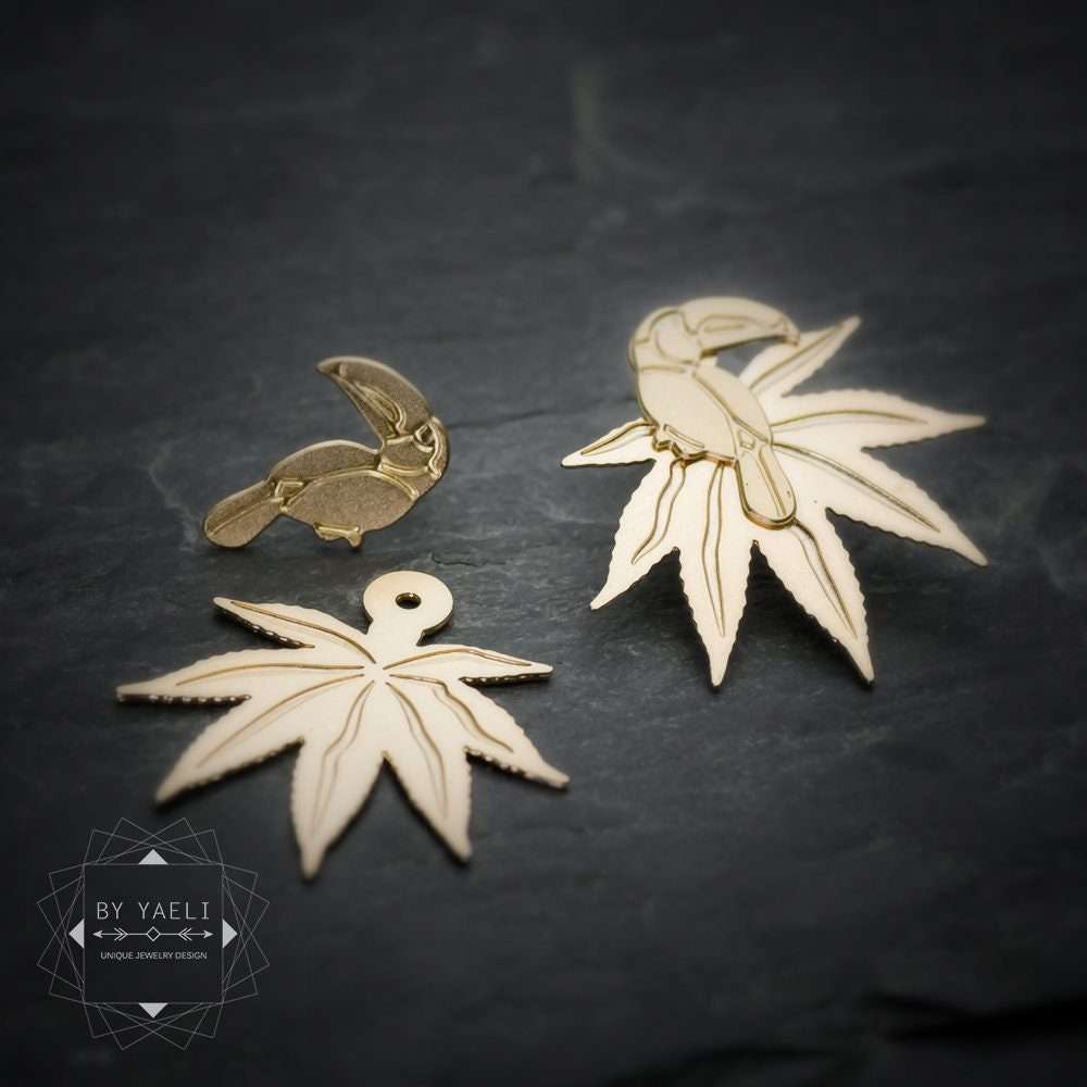 Ear jacket gold leaf earrings toucan earrings gold bird stud earrings ear jackets post earrings