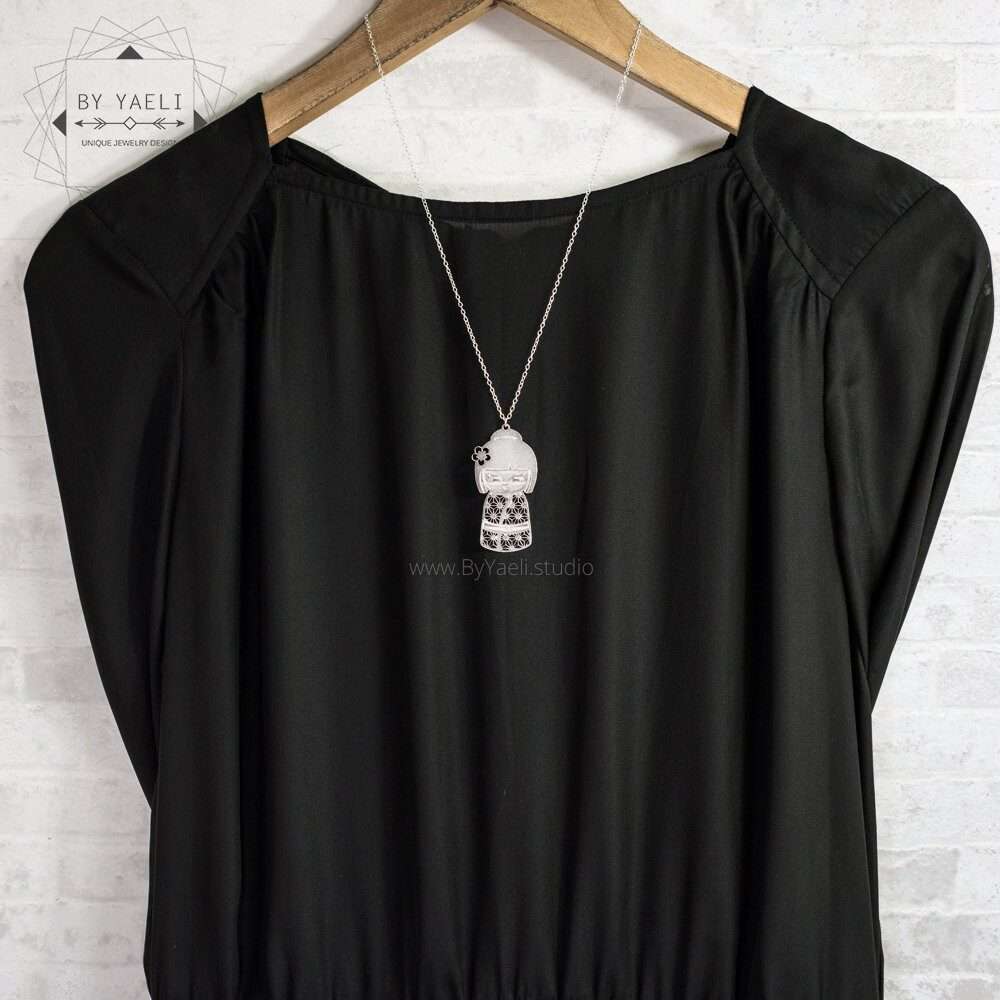 Kokeshi necklace Kokeshi doll Japanese Kimmidoll necklace silver doll necklace unique Japanese gift