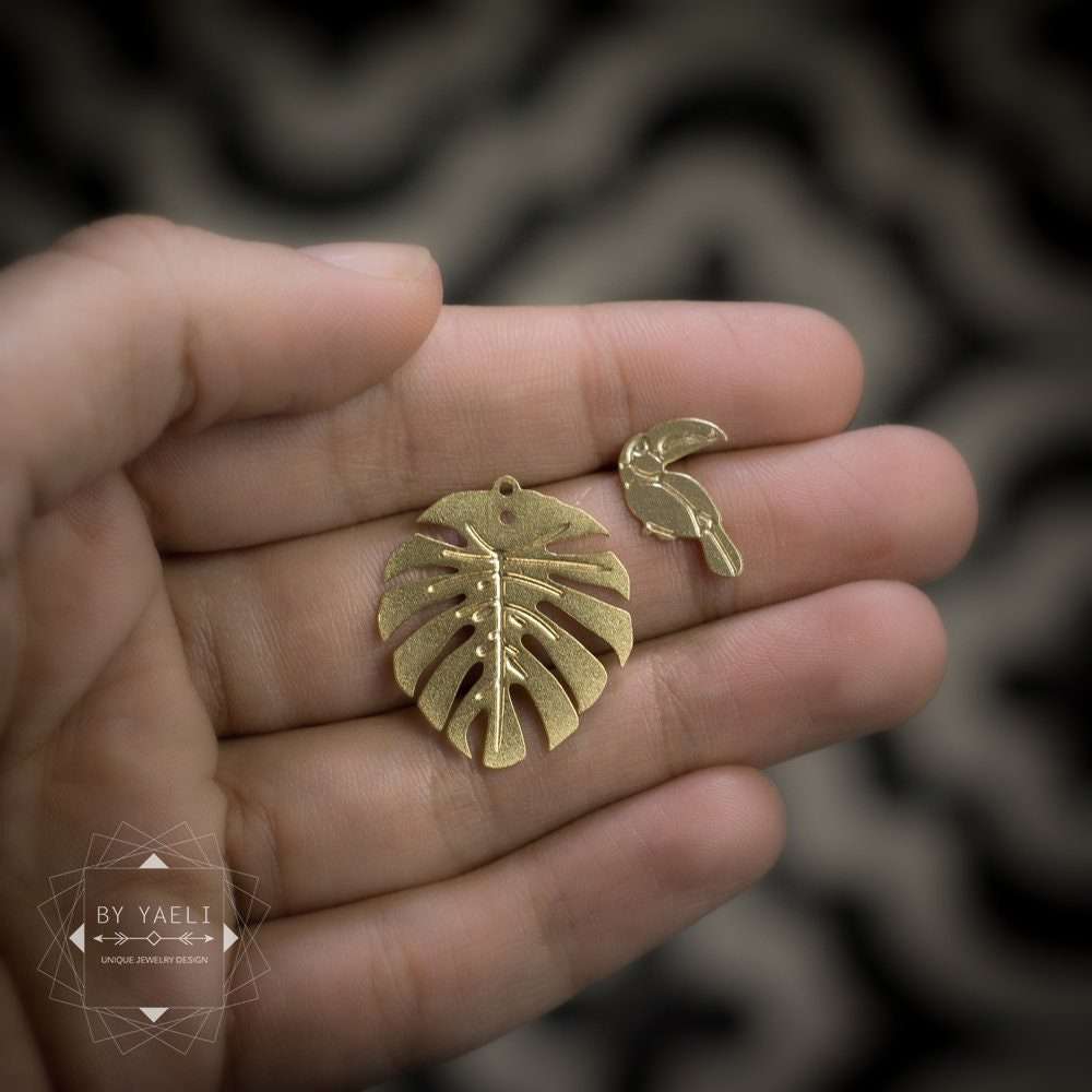 Ear jacket earrings gold bird earrings leaf earrings leaf stud earrings Monstera earrings