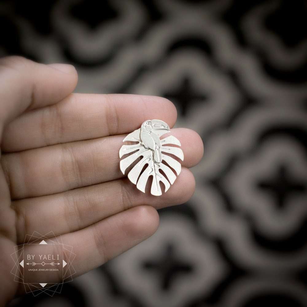 Ear jacket earrings silver toucan earrings Monstera post earrings
