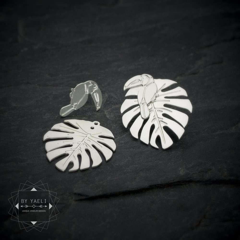 Ear jacket earrings silver toucan earrings Monstera post earrings