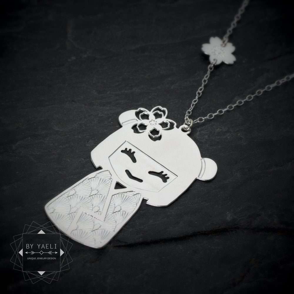 Kokeshi necklace Japanese silver Kokeshi doll necklace  Japanese gift