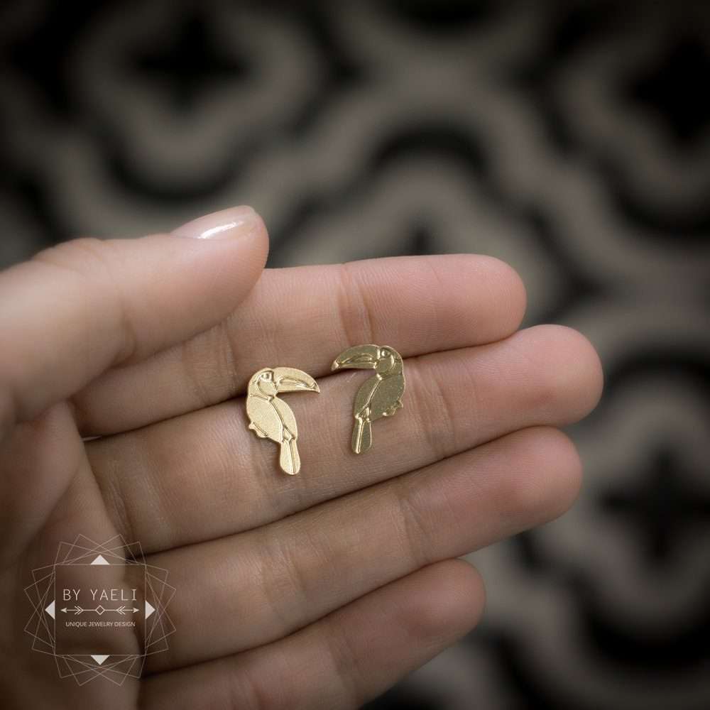 Toucan earrings tiny toucan stud earrings gold bird earrings