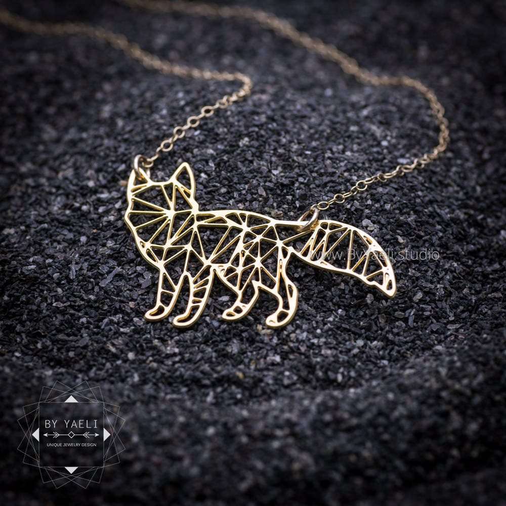 Fox necklace, Geometric gold fox pendant necklace