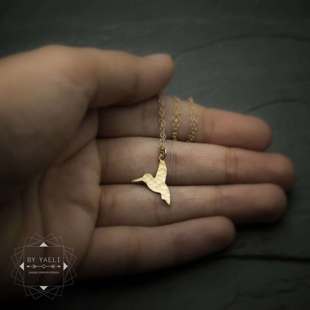 Bird necklace hummingbird necklace petite hummingbird tiny gold bird charm