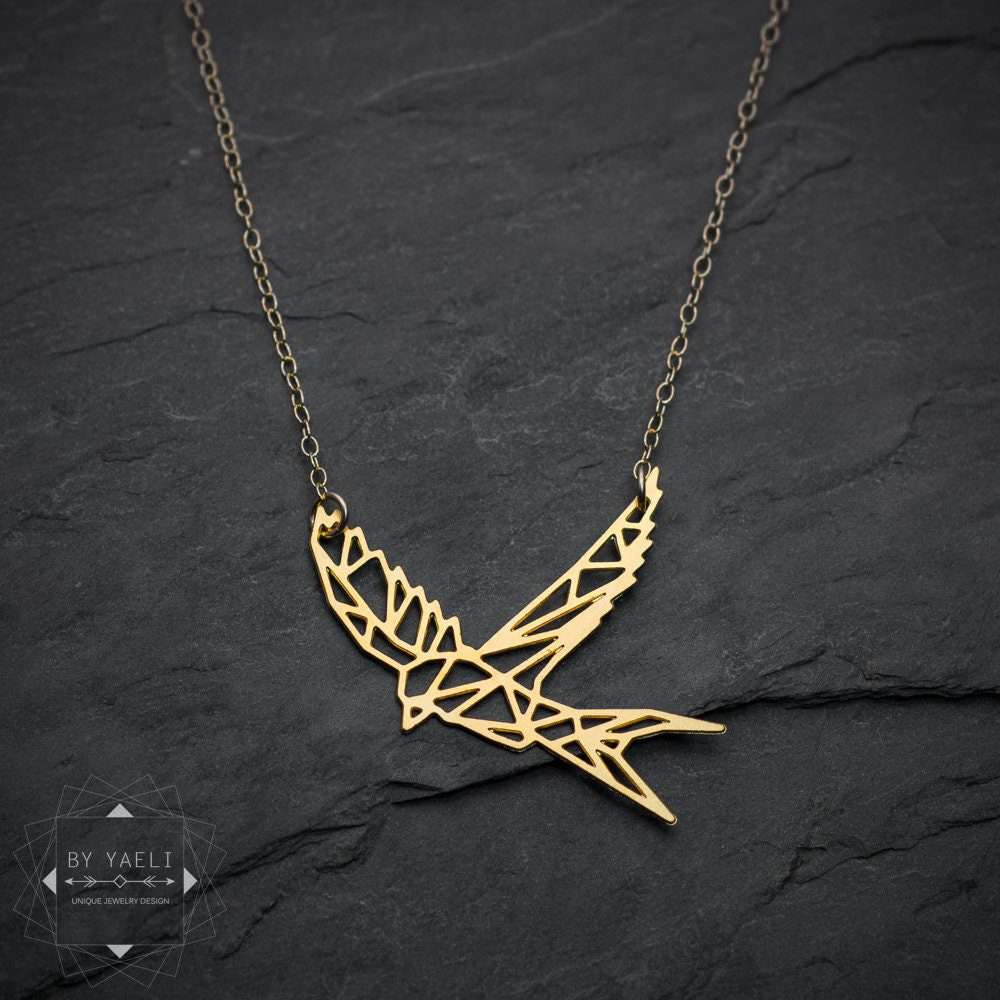 bird necklace geometric origami sparrow necklace gold swallow pendant
