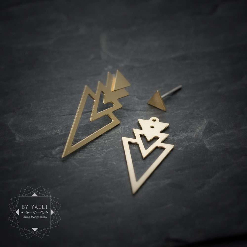 Triangle ear jacket, geometric gold triangle stud earrings.