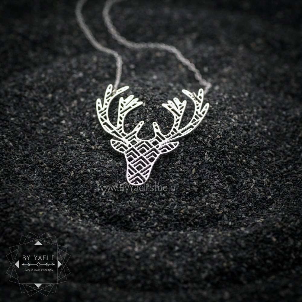 Deer necklace geometric deer antler necklace silver deer pendant