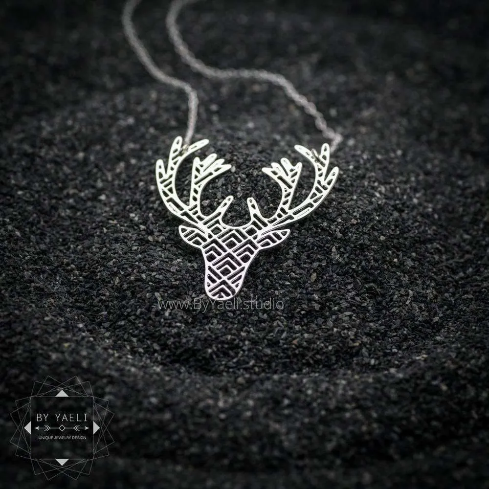 Deer necklace geometric deer antler necklace silver deer pendant