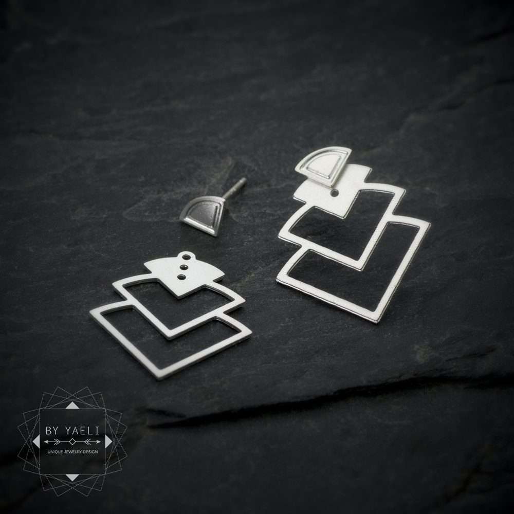 Silver ear jackets, geometric quarter circles stud earrings.