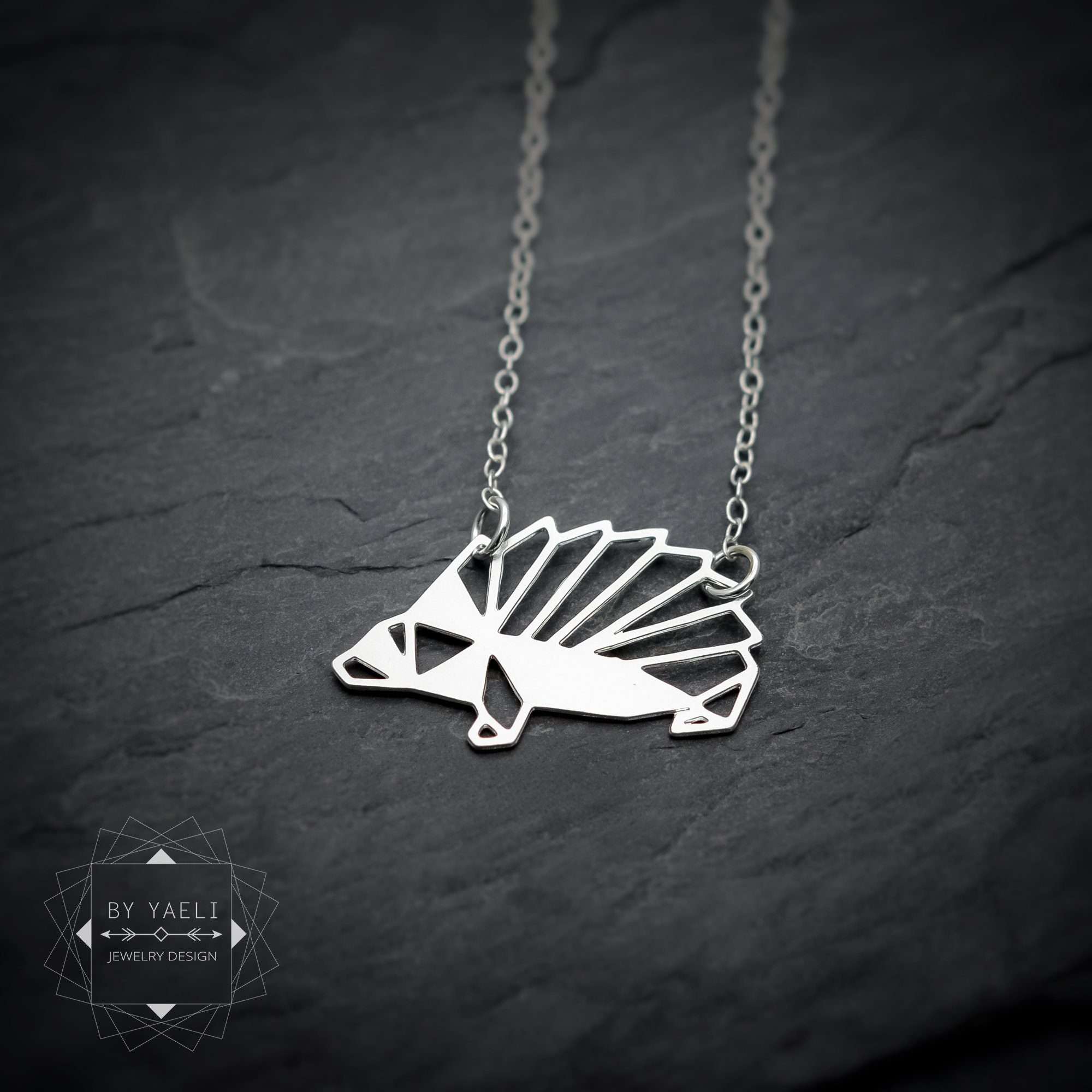 Hedgehog necklace geometric hedgehog origami necklace silver hedgehog pendant