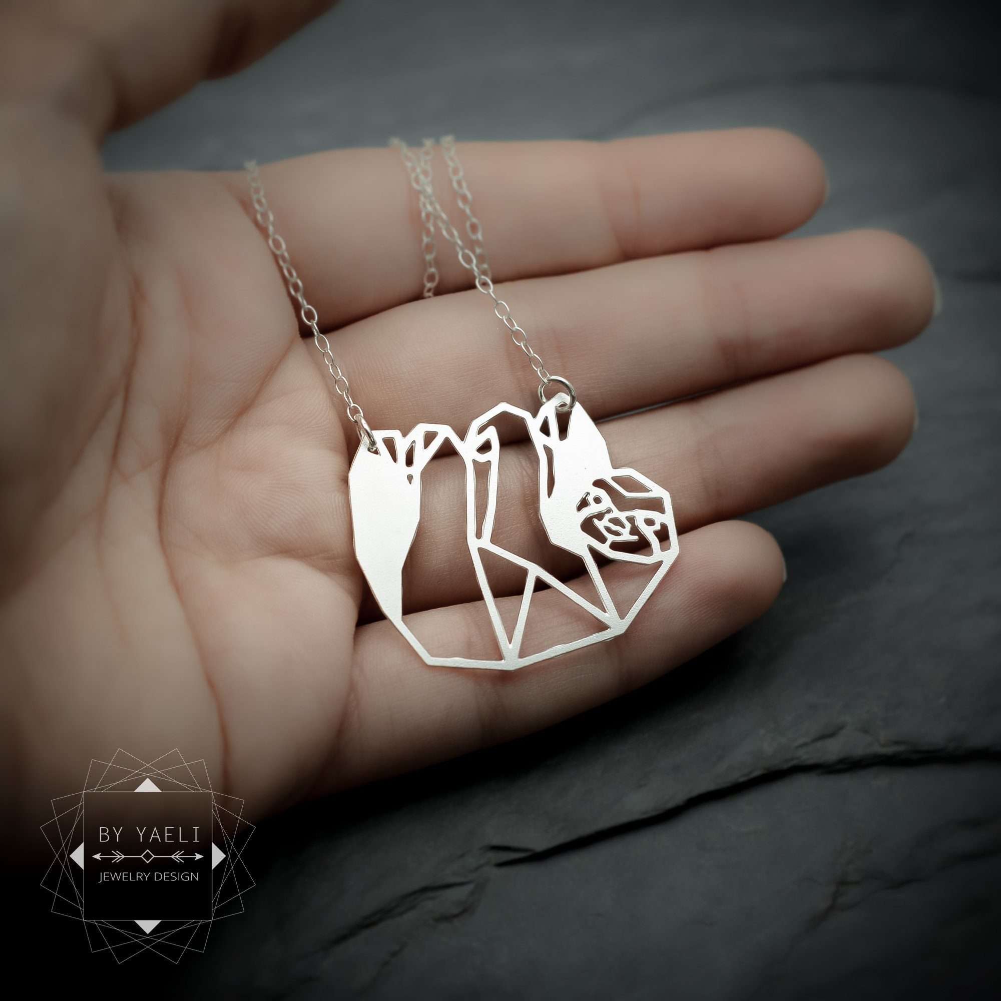 Hanging sloth necklace, sloth jewelry, origami necklace,silver geometric sloth, sloth gift.