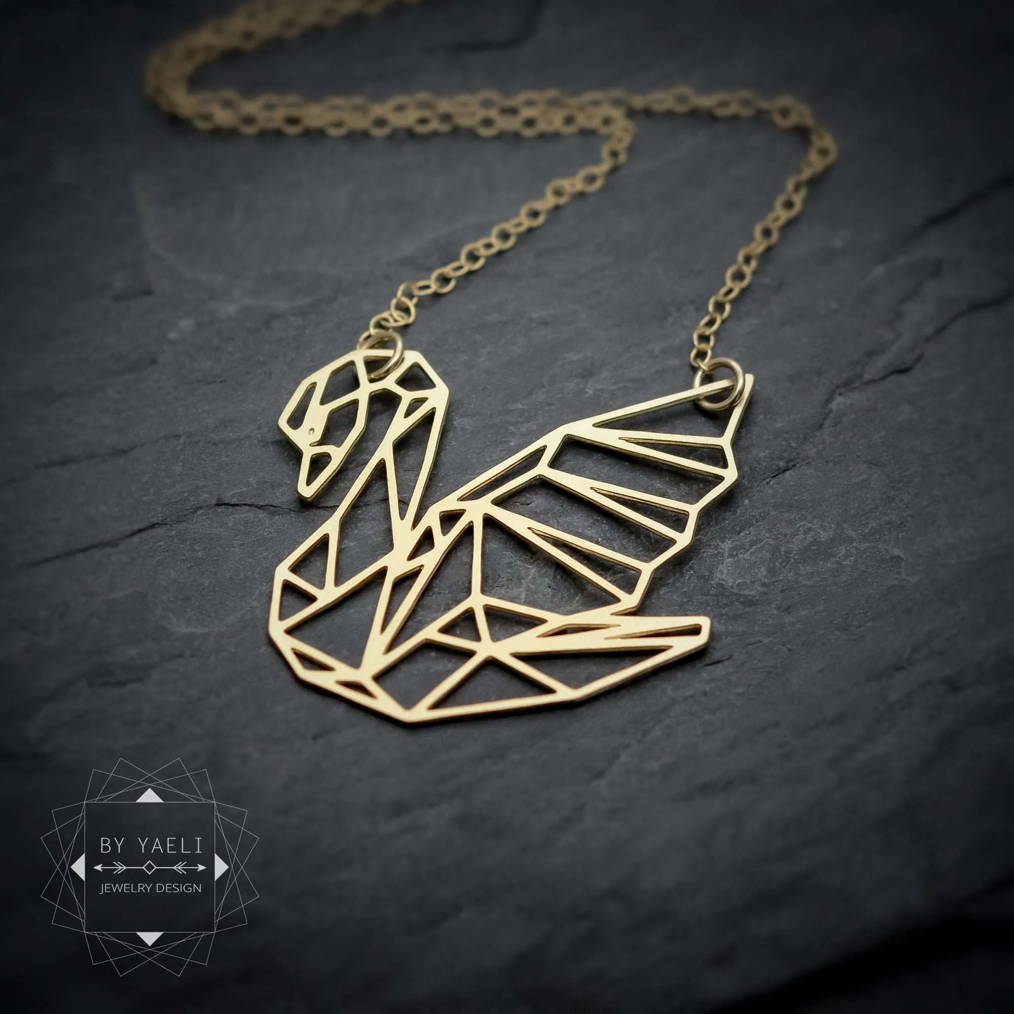 Swan necklace gold geometric origami swan pendant