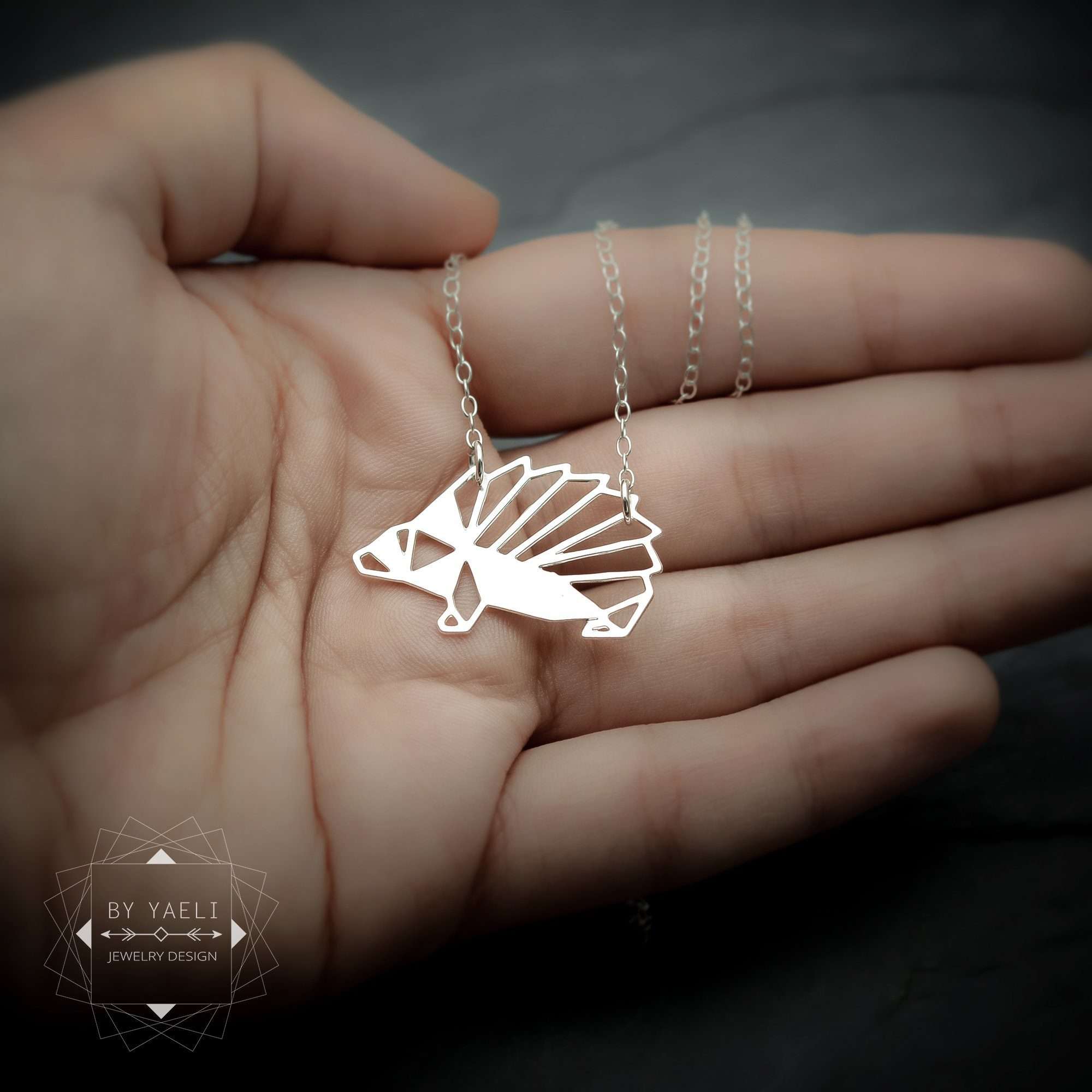 Hedgehog necklace geometric hedgehog origami necklace silver hedgehog pendant