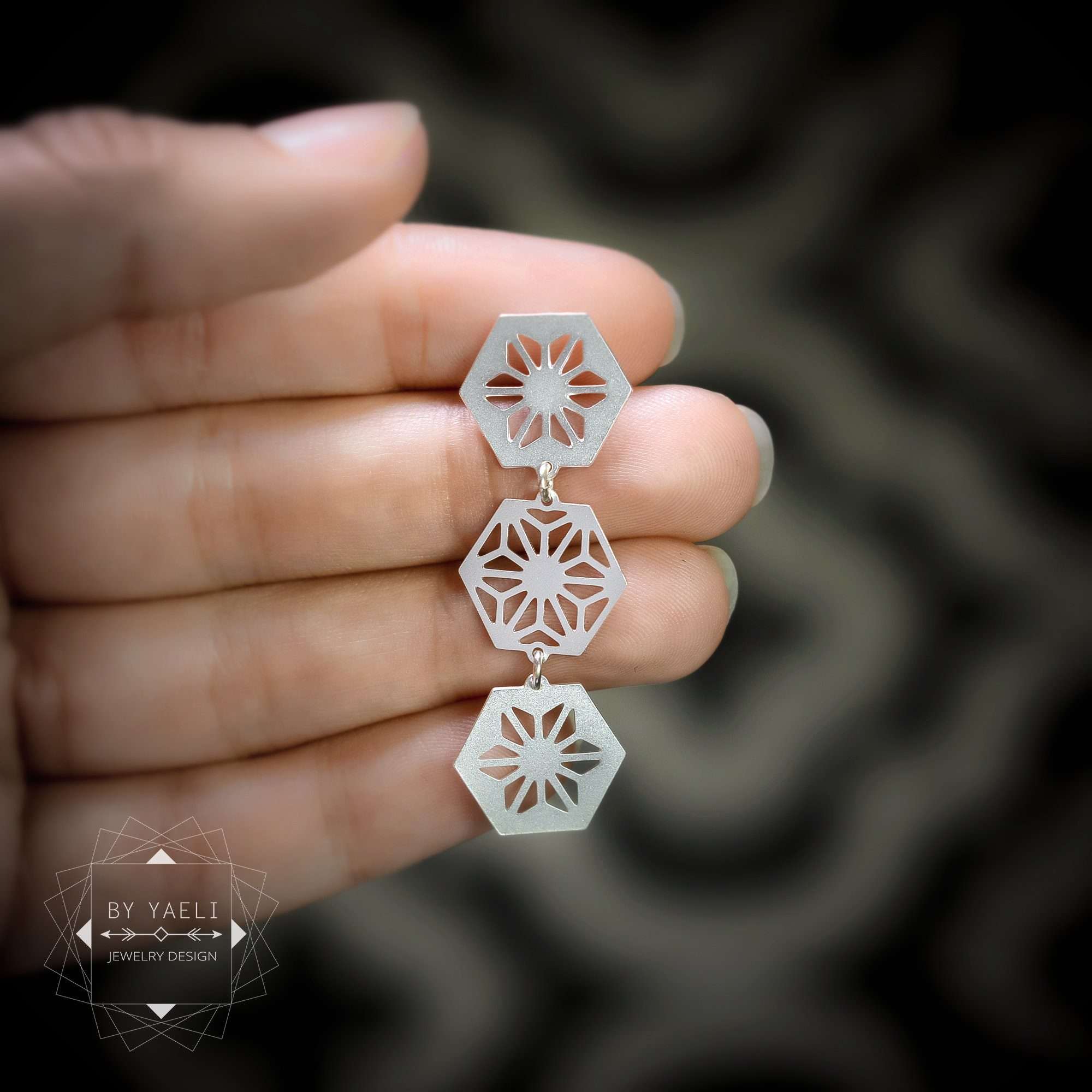 Hexagon earrings geometric hexagons stud earrings long dangle silver hexagon earrings