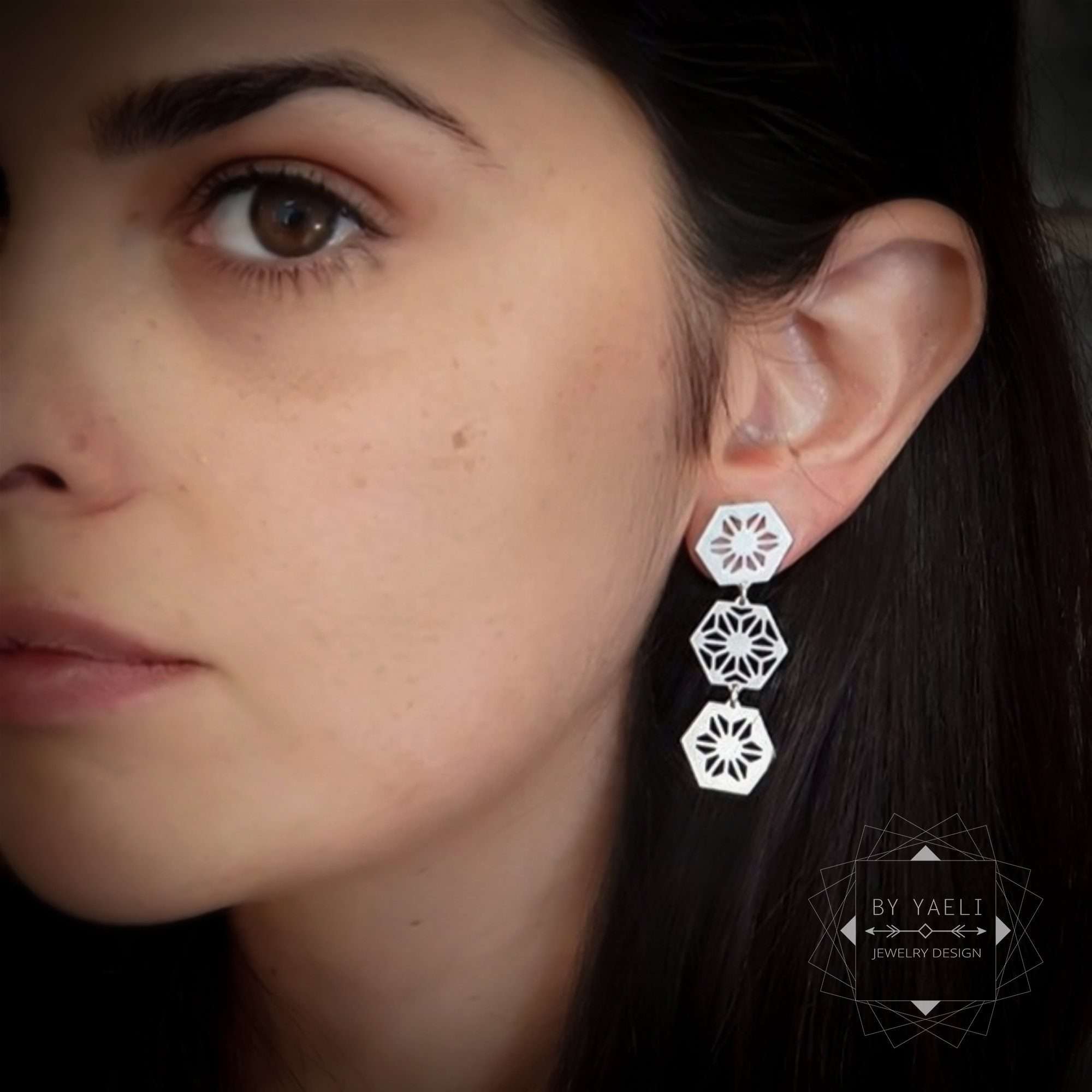 Hexagon earrings geometric hexagons stud earrings long dangle silver hexagon earrings